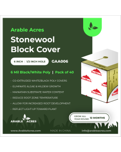 Arable Acres Stonewool Block Cover - 6 Mil Black/White Poly - 1/2-Inch Stalk Hole - 1/4-Inch Emitter Hole - 6-Inch x 6-Inch (Pack of 40) (30/Cs)